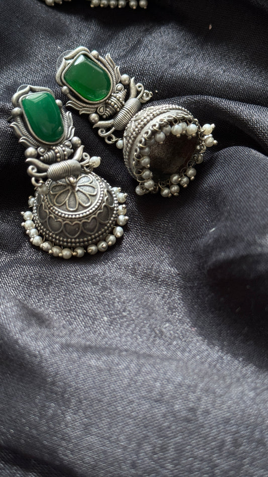 Antique Bloom - Traditional Jhumka, Green Stone, Pearl Beads