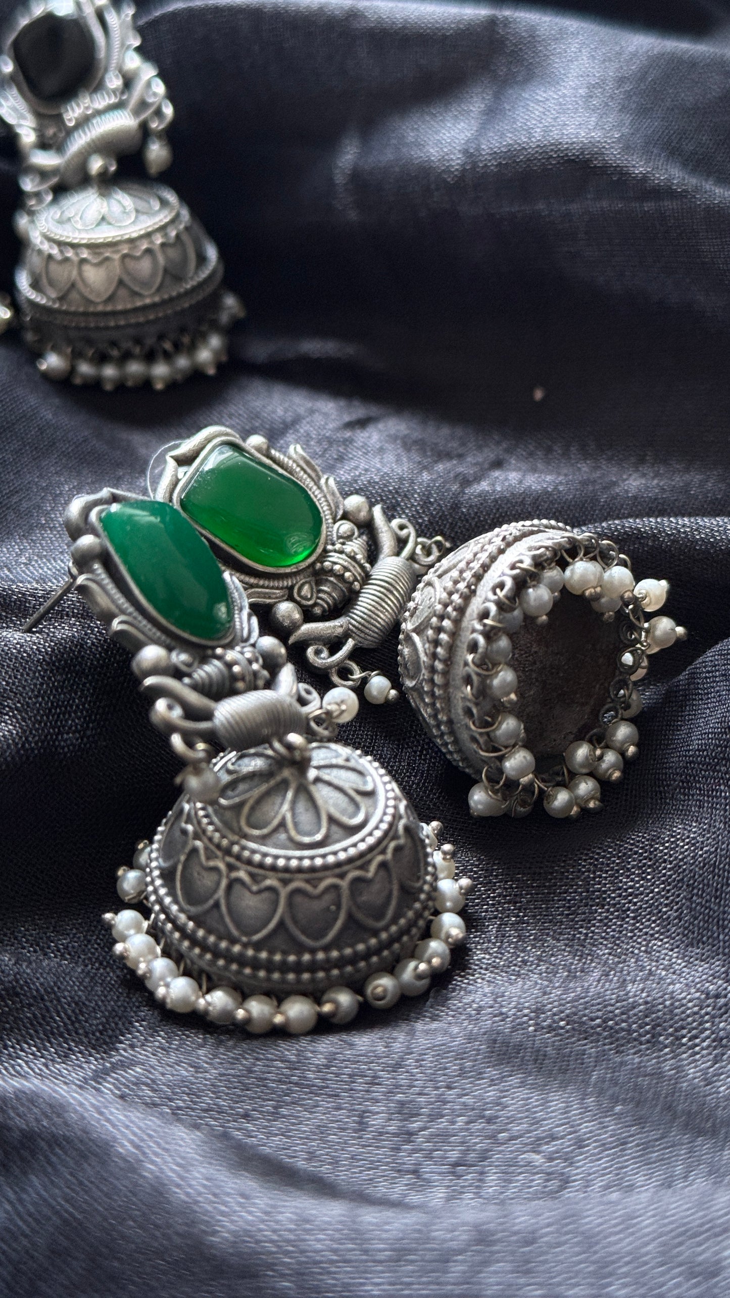 Antique Bloom - Traditional Jhumka, Green Stone, Pearl Beads