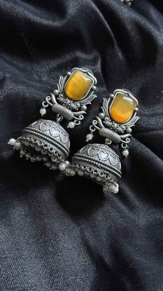 Antique Bloom - Traditional Jhumka, Yellow Stone, Pearl Beads