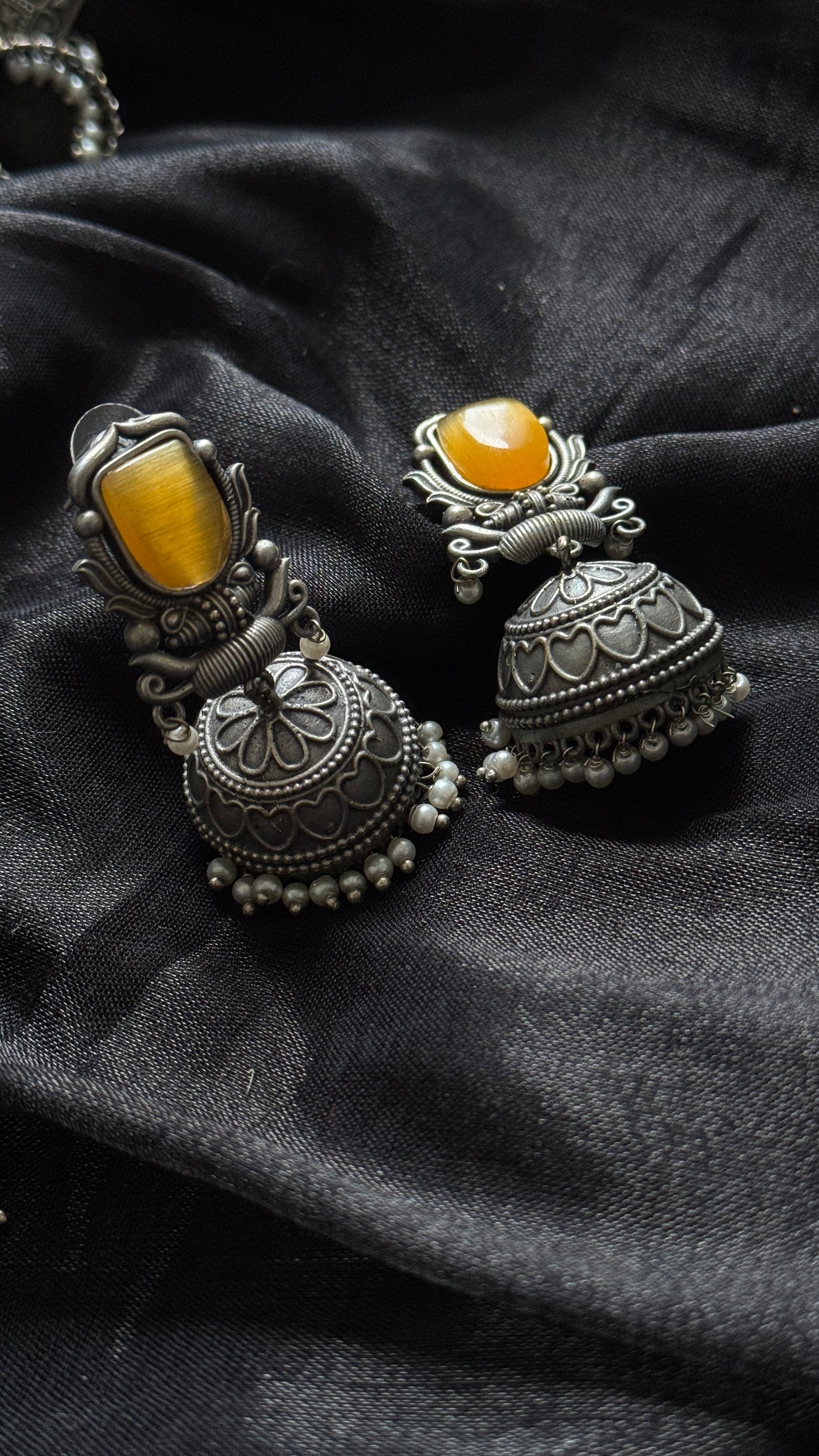 Antique Bloom - Traditional Jhumka, Yellow Stone, Pearl Beads