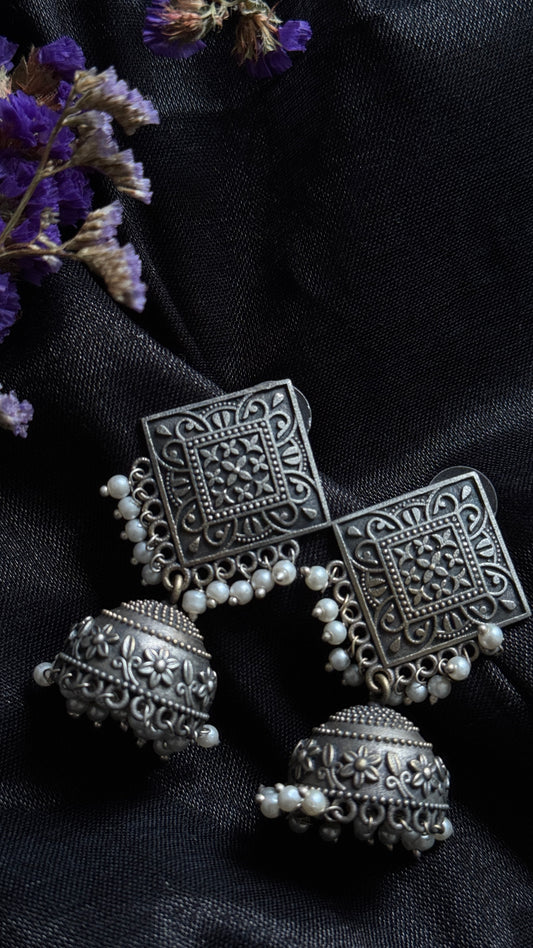 Antique Bloom - Square Jhumka, Pearl Beads
