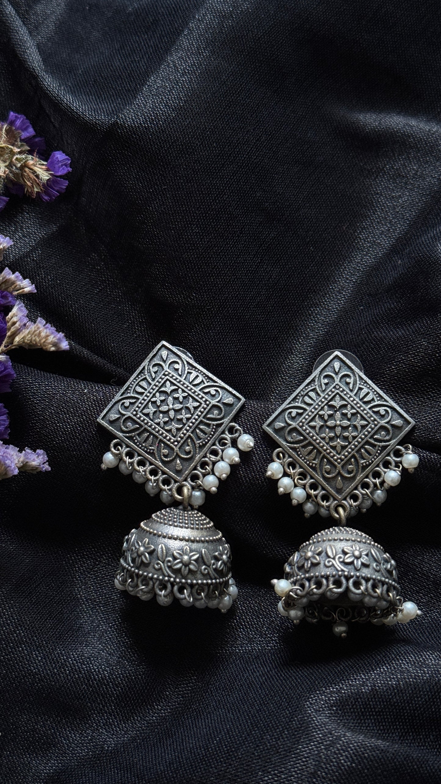 Antique Bloom - Square Jhumka, Pearl Beads