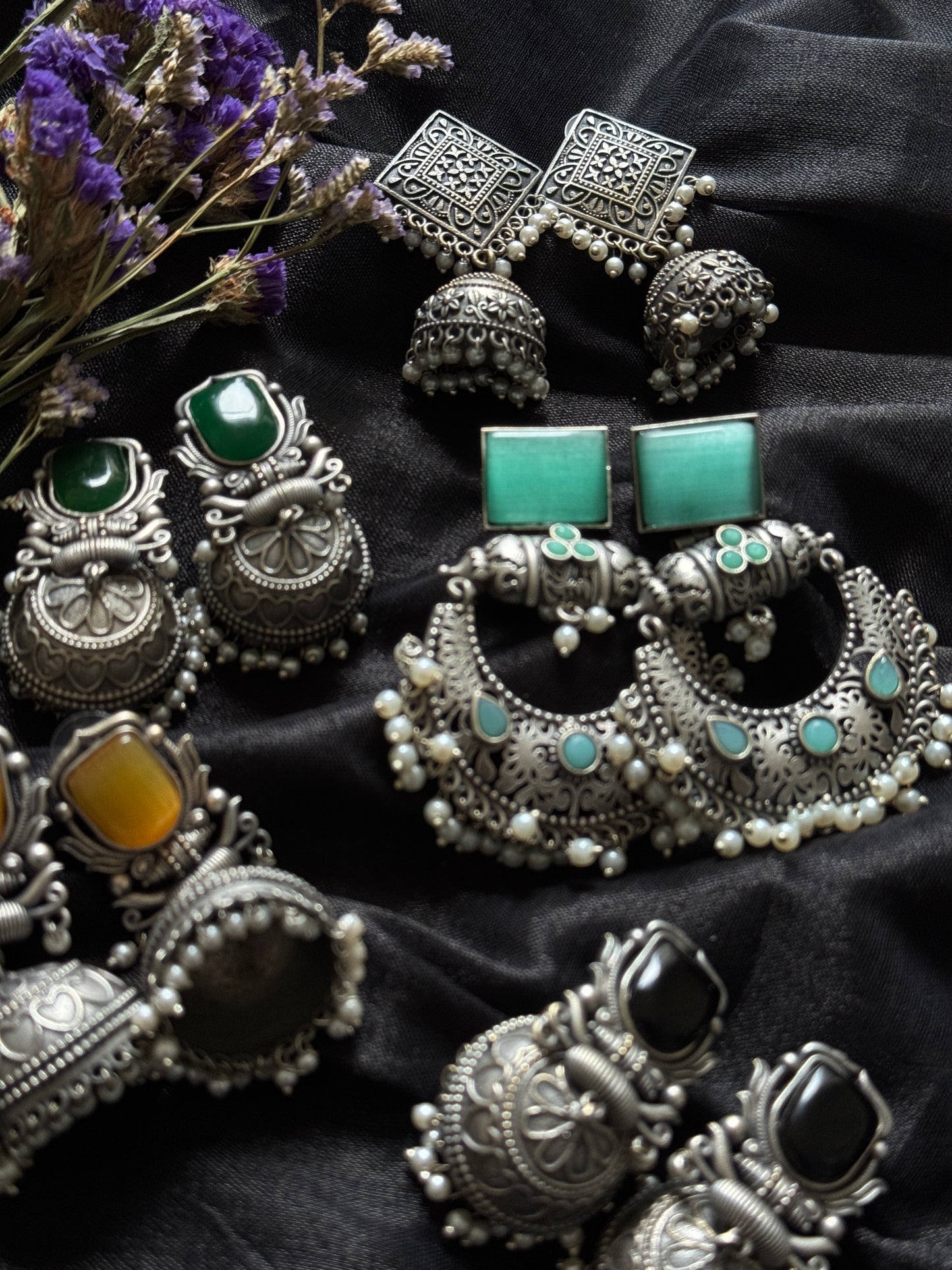 Antique Bloom - Chandbali Earring, Mint Stone, Pearl Beads