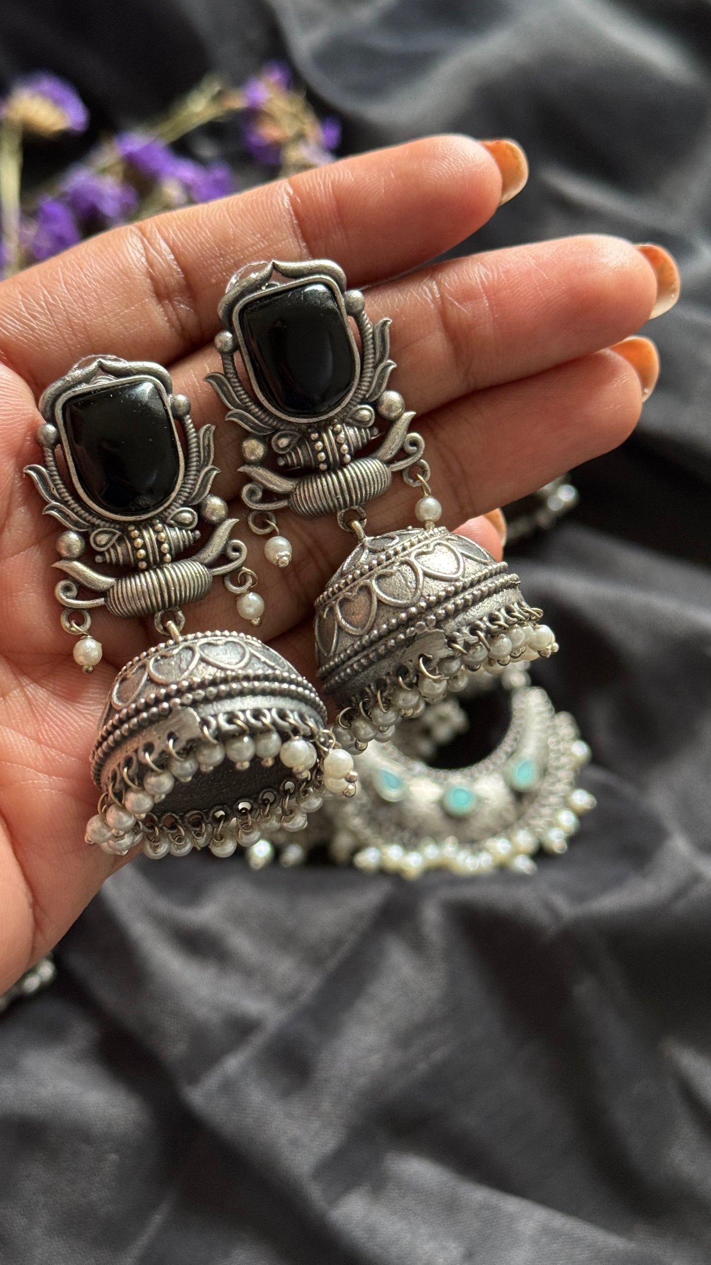 Antique Bloom - Traditional Jhumka, Black Stone, Pearl Beads