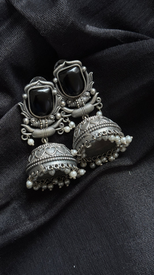 Antique Bloom - Traditional Jhumka, Black Stone, Pearl Beads
