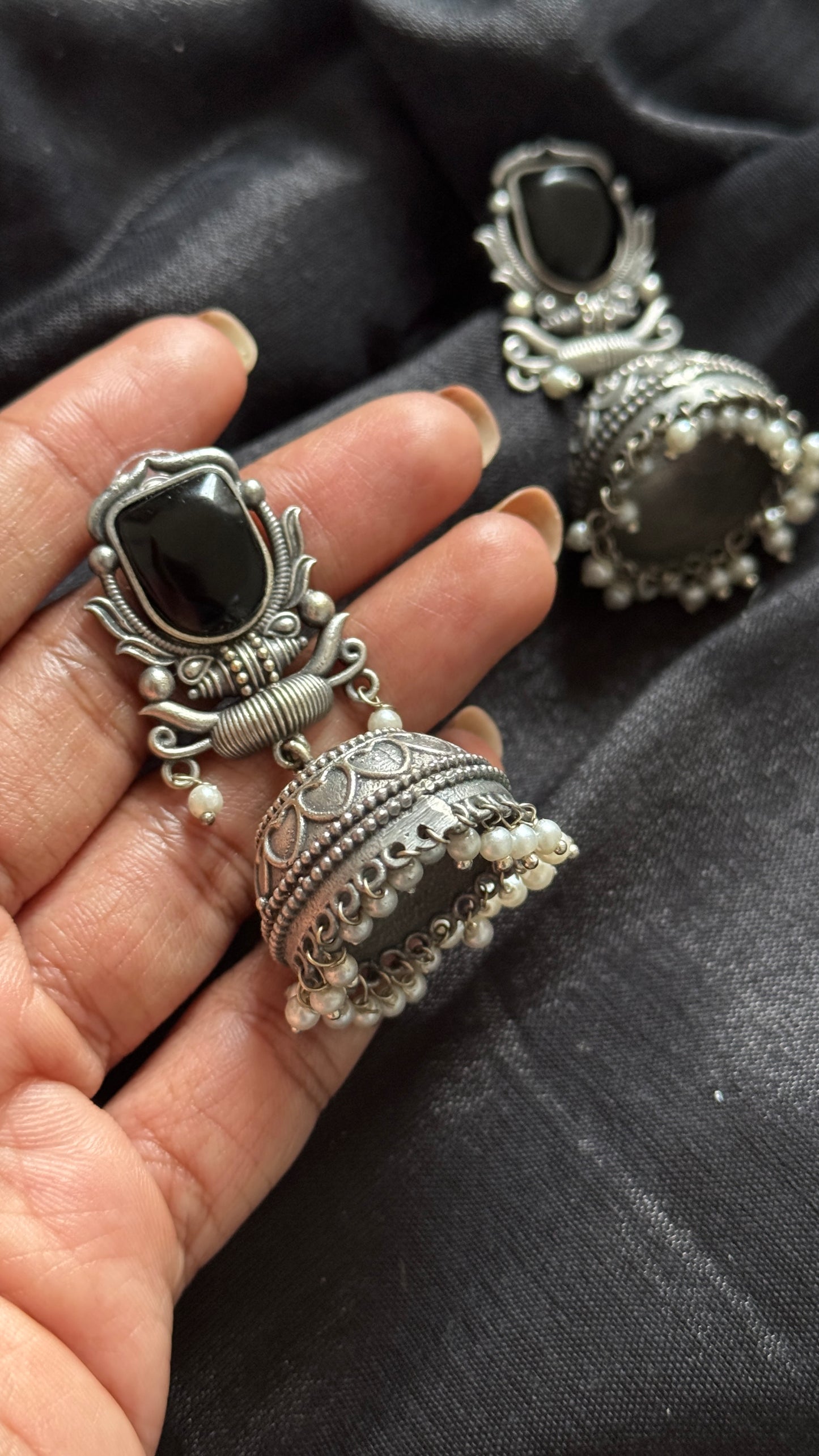 Antique Bloom - Traditional Jhumka, Black Stone, Pearl Beads