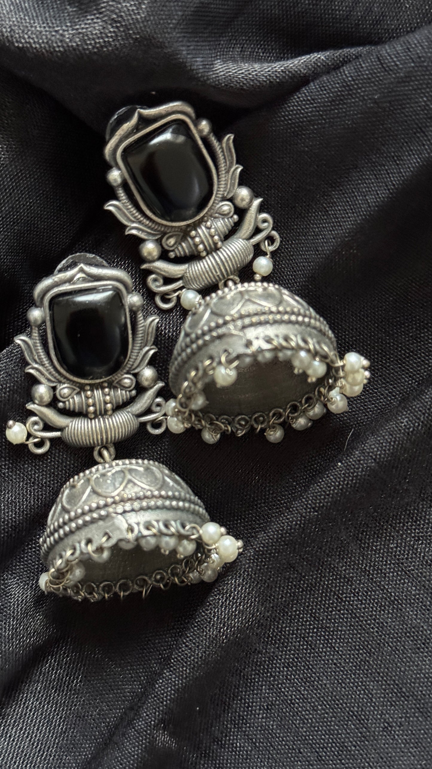 Antique Bloom - Traditional Jhumka, Black Stone, Pearl Beads