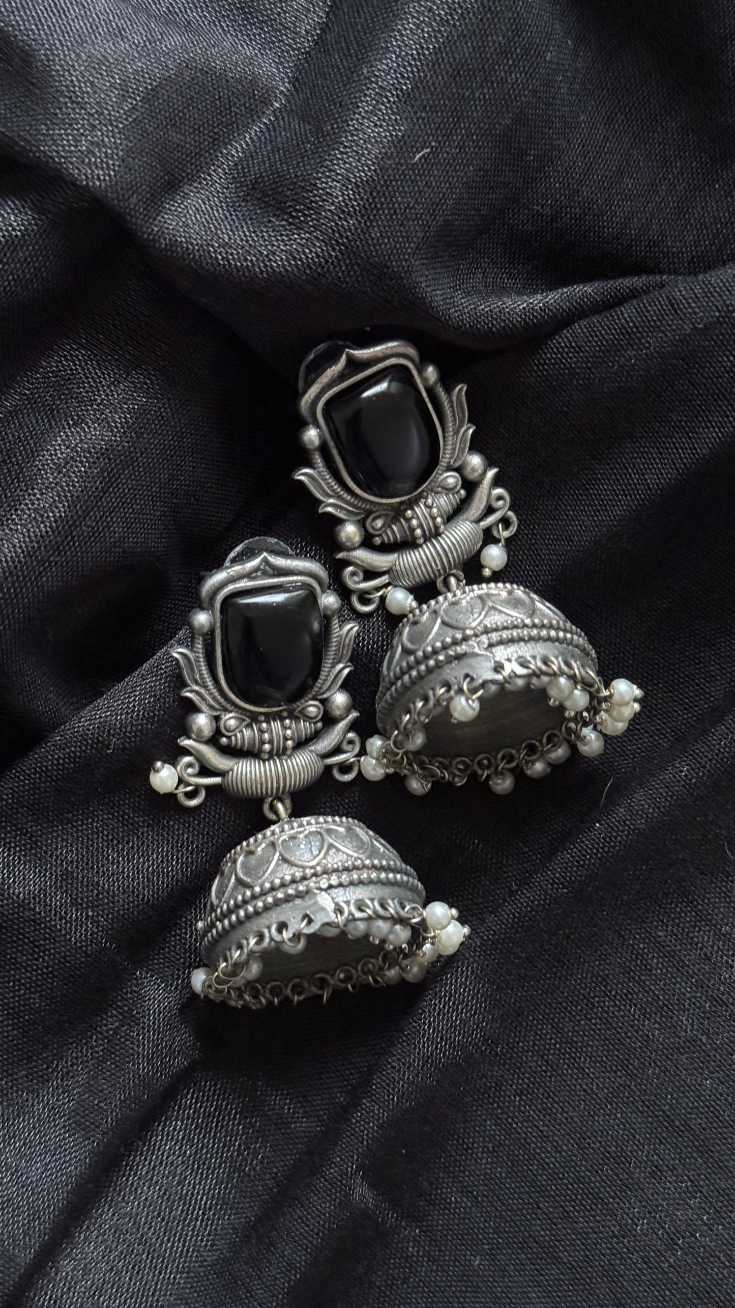 Antique Bloom - Traditional Jhumka, Black Stone, Pearl Beads