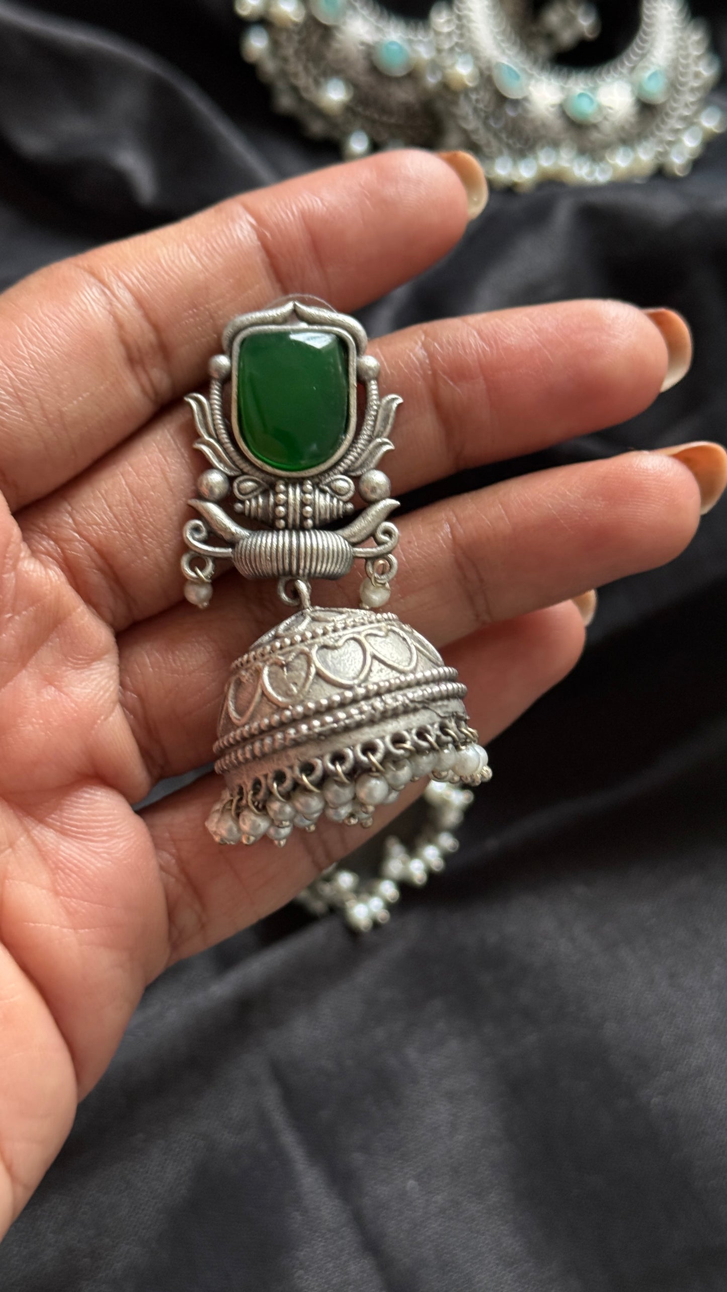 Antique Bloom - Traditional Jhumka, Green Stone, Pearl Beads