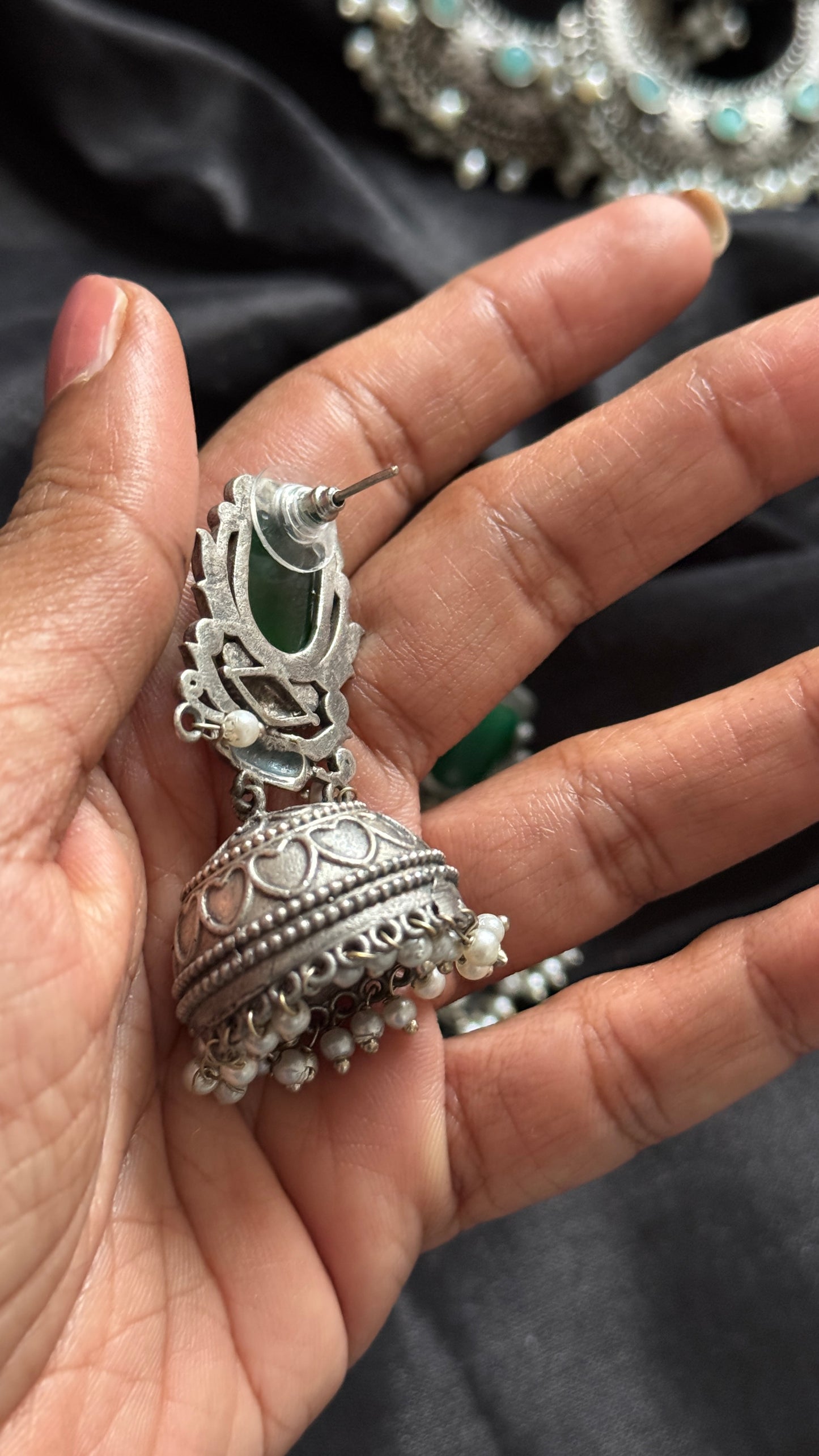 Antique Bloom - Traditional Jhumka, Green Stone, Pearl Beads
