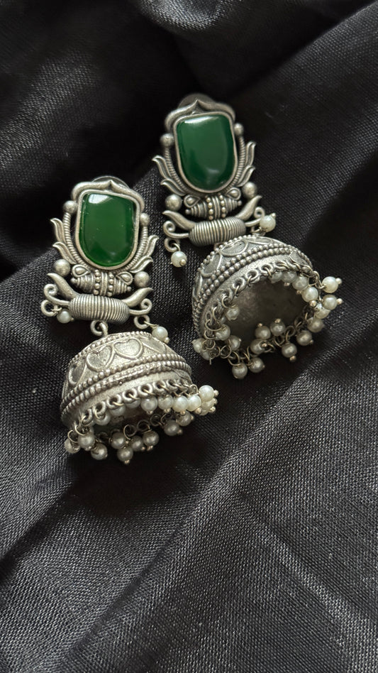 Antique Bloom - Traditional Jhumka, Green Stone, Pearl Beads