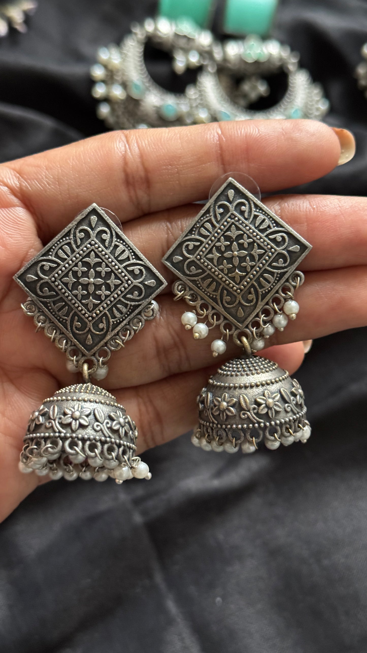 Antique Bloom - Square Jhumka, Pearl Beads