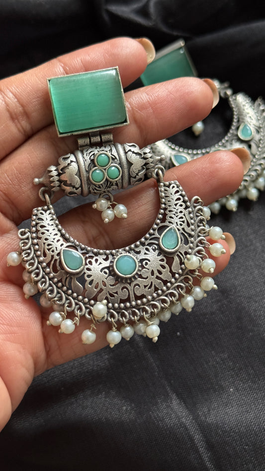 Antique Bloom - Chandbali Earring, Mint Stone, Pearl Beads