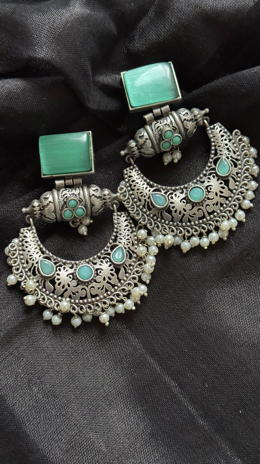 Antique Bloom - Chandbali Earring, Mint Stone, Pearl Beads