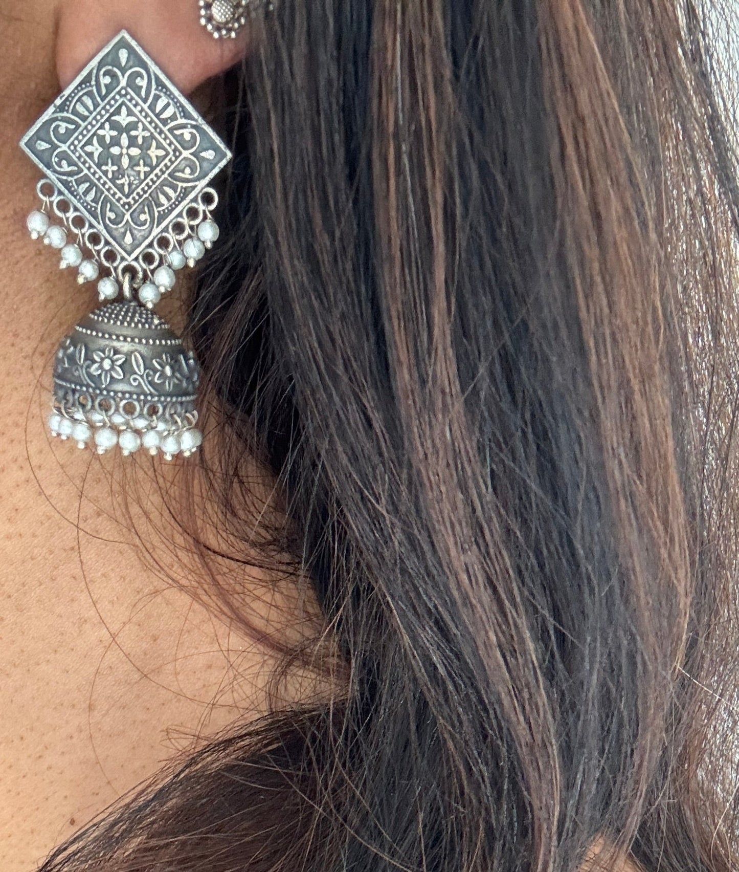 Antique Bloom - Square Jhumka, Pearl Beads