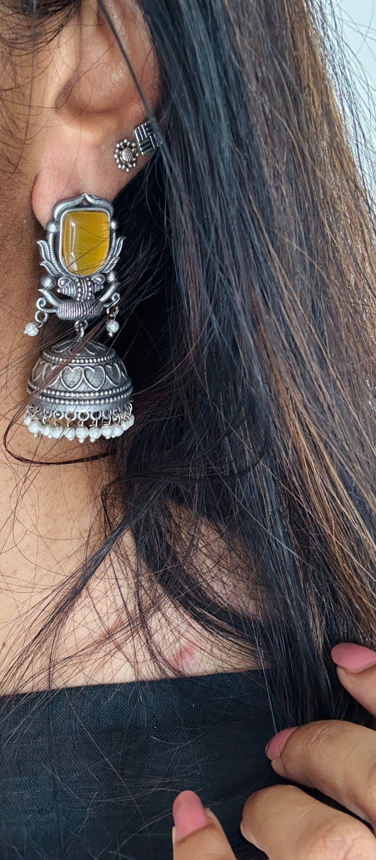 Antique Bloom - Traditional Jhumka, Yellow Stone, Pearl Beads