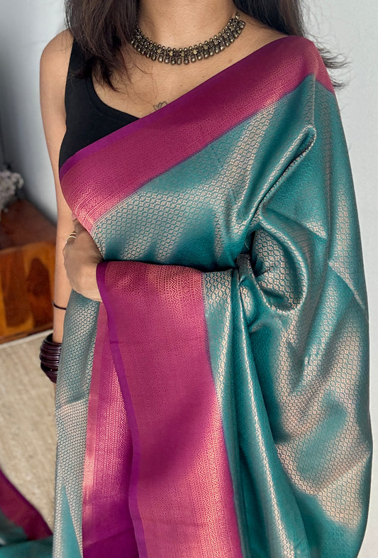 Tarangini  - Turquoise with purple pink, semi-silk