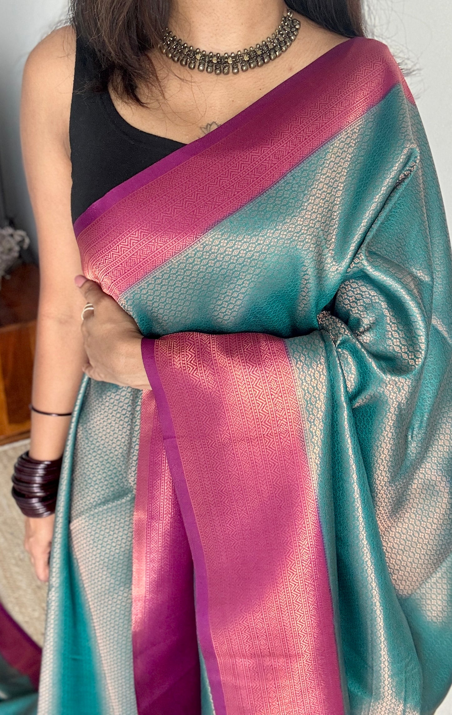 Tarangini  - Turquoise with purple pink, semi-silk