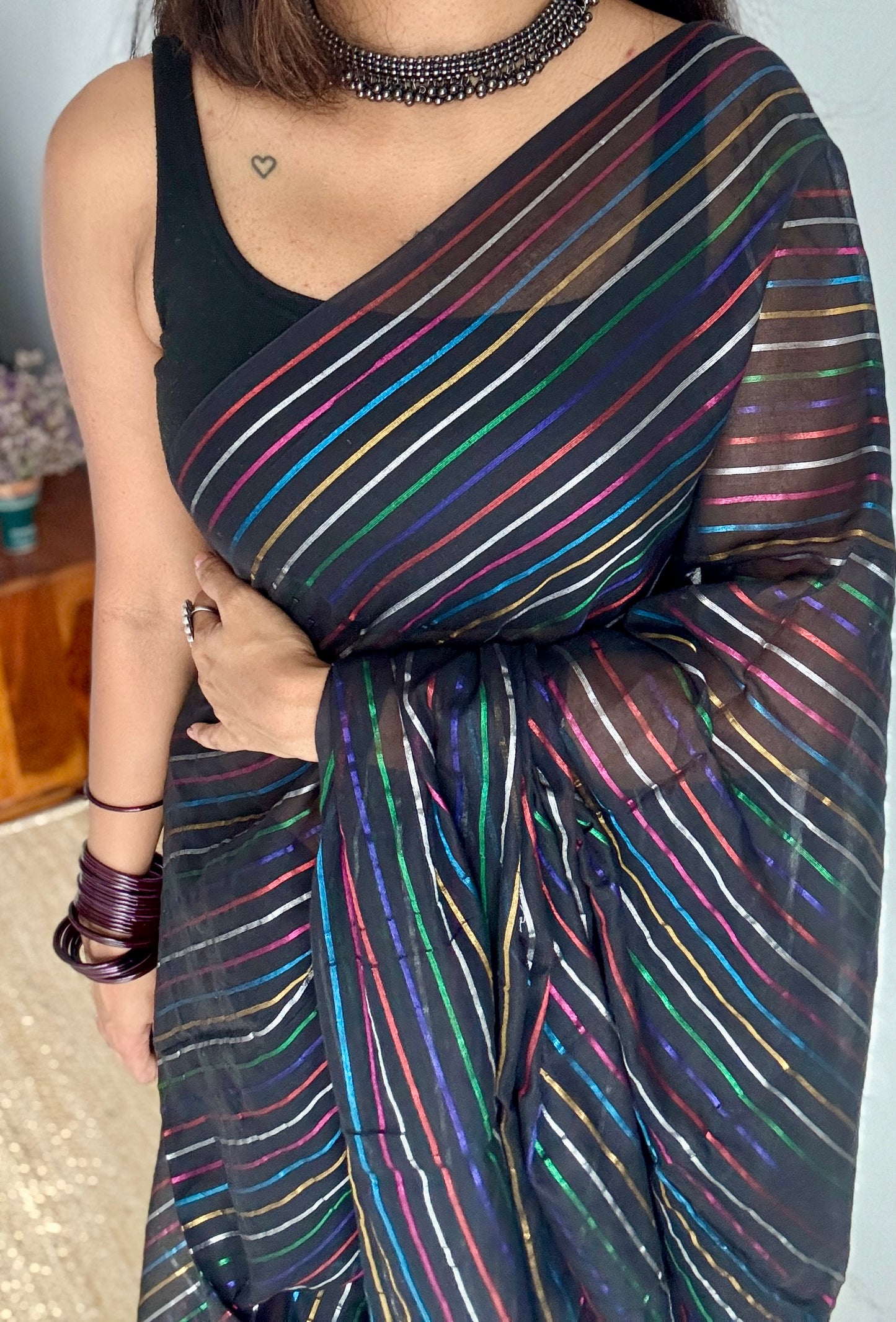 Black Aurora - black with coloured stripes, mul cotton