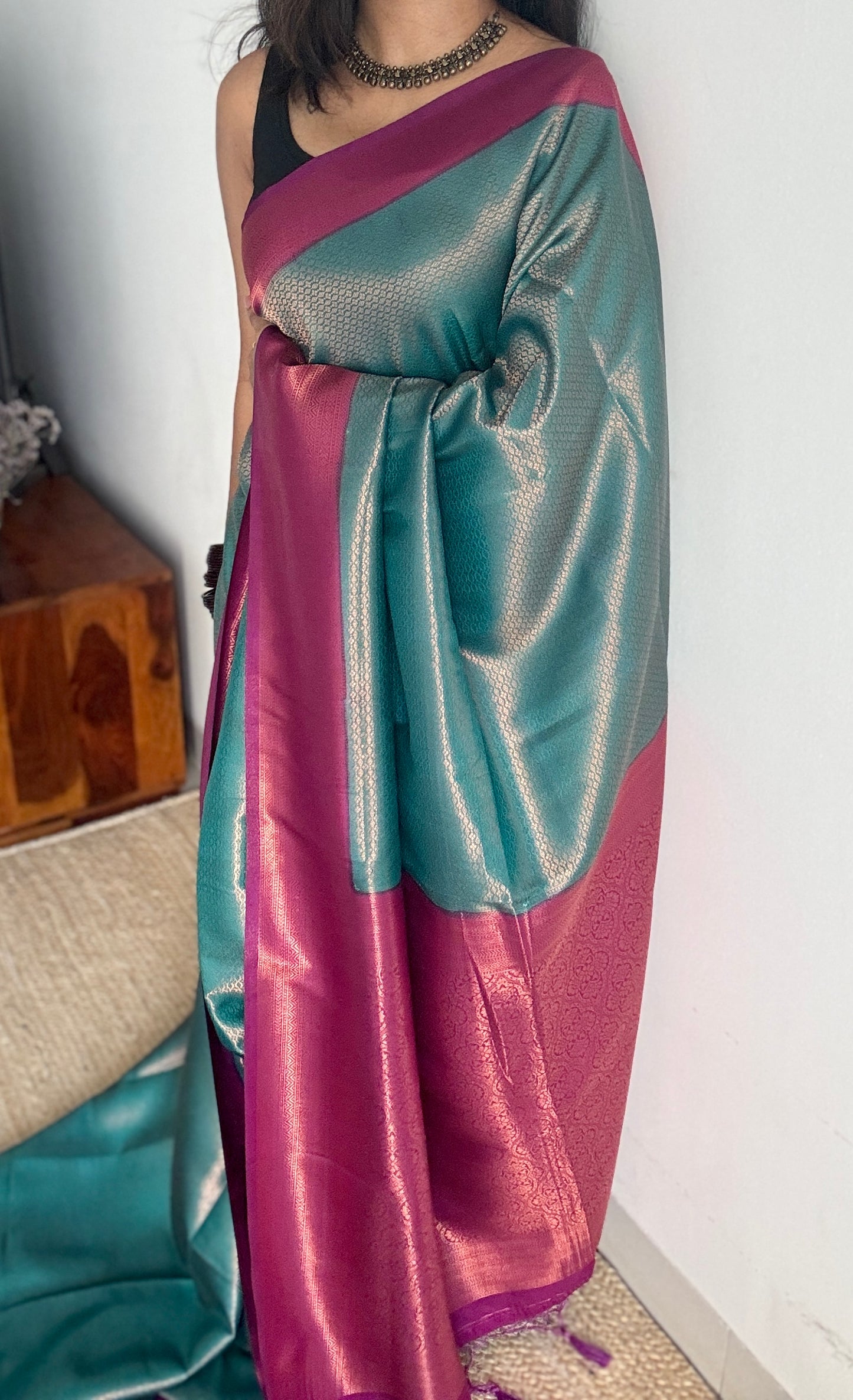 Tarangini  - Turquoise with purple pink, semi-silk