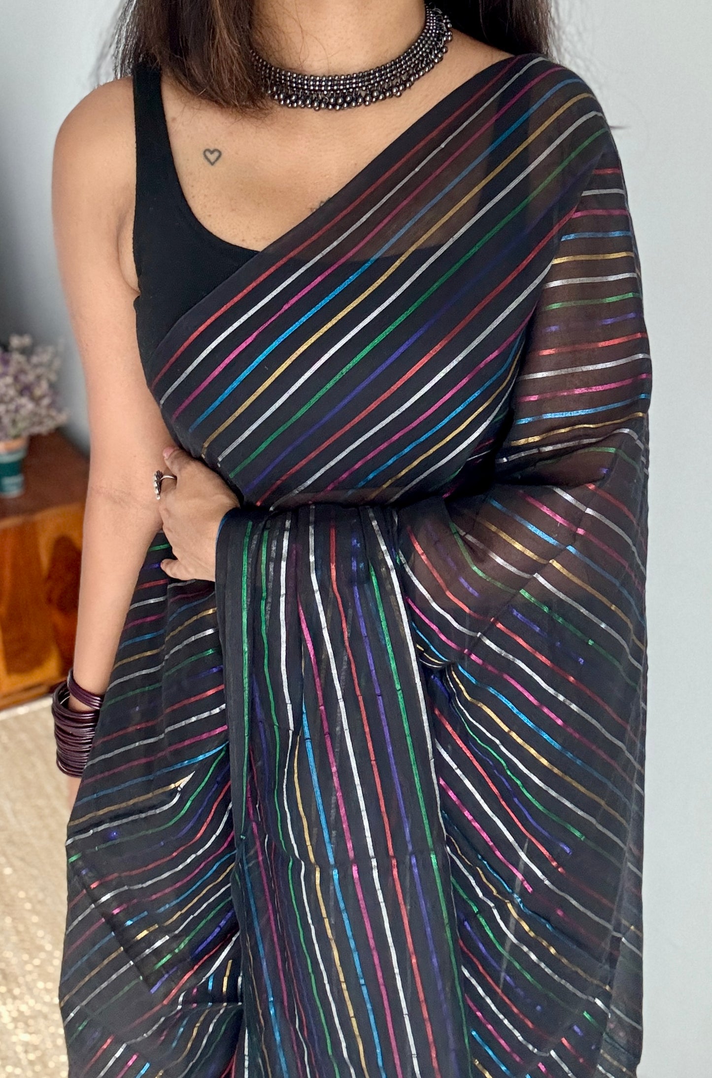 Black Aurora - black with coloured stripes, mul cotton