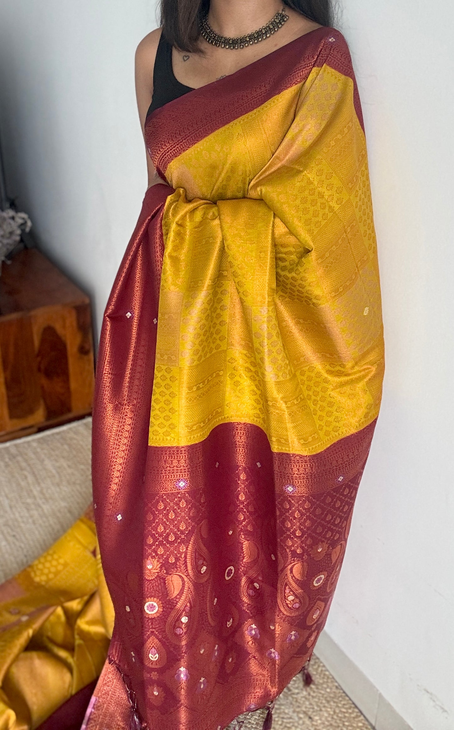 Sugandhi - Light green with maroon, semi-silk