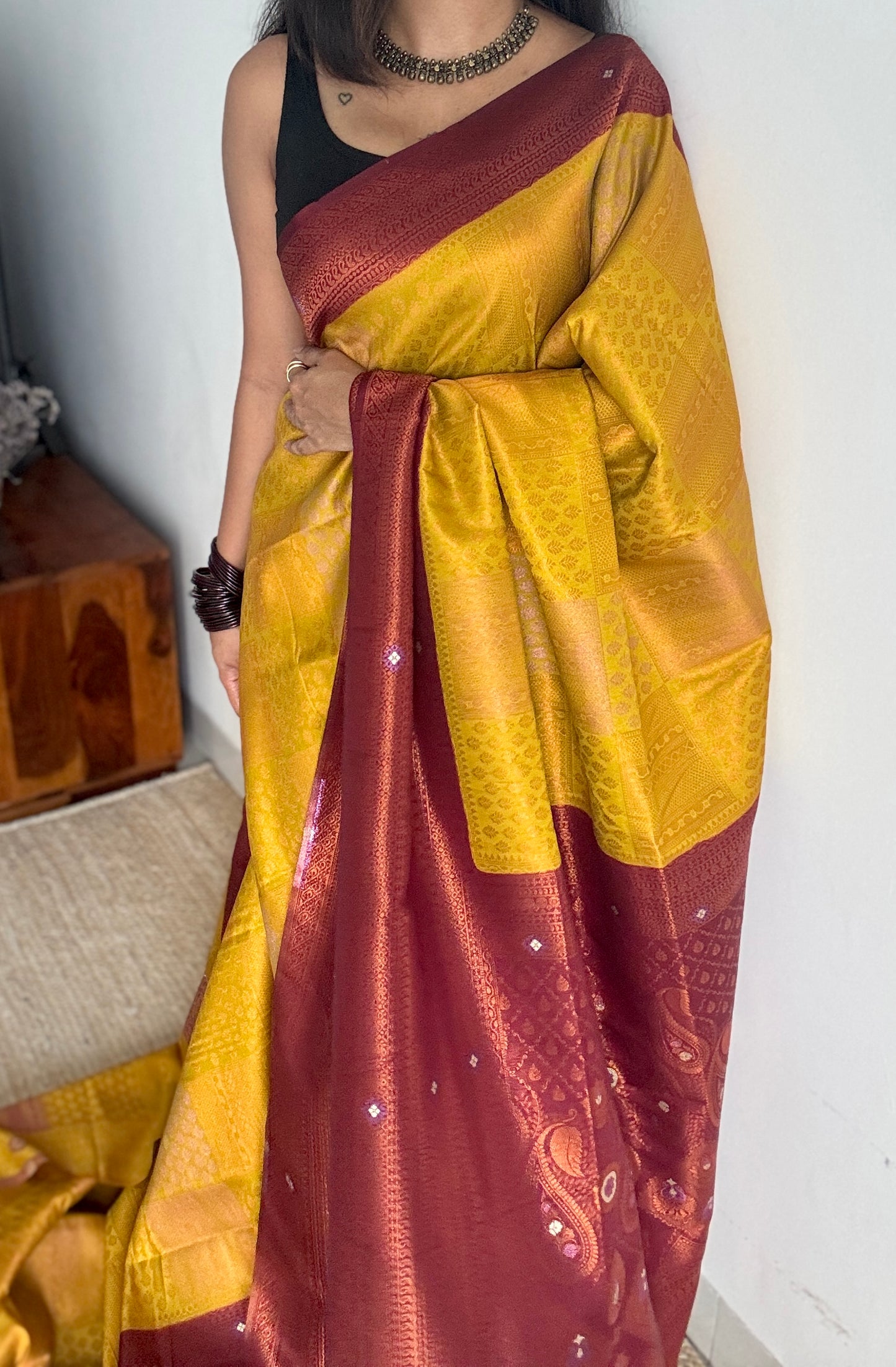 Sugandhi - Light green with maroon, semi-silk
