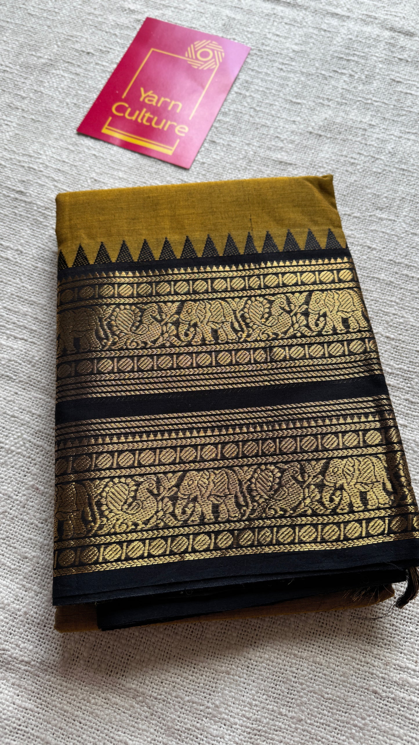 Burnt Yellow with Black Contrast Border - Chettinad Cotton