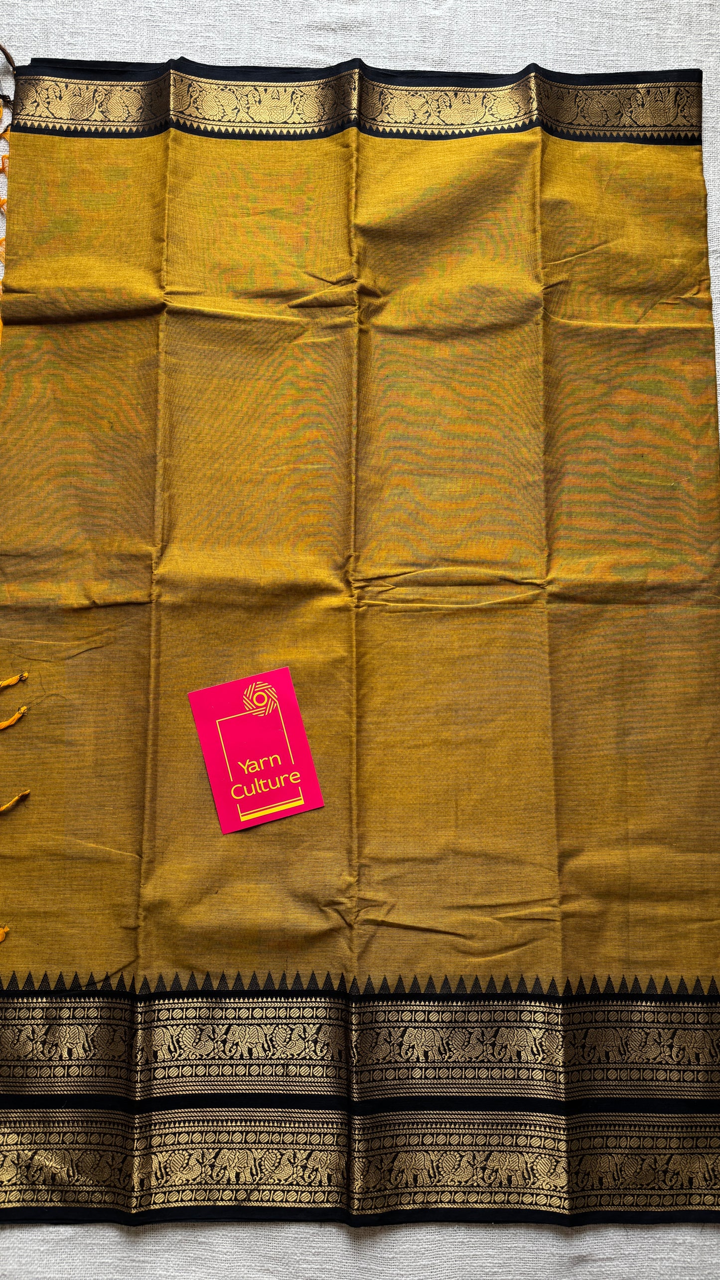 Burnt Yellow with Black Contrast Border - Chettinad Cotton