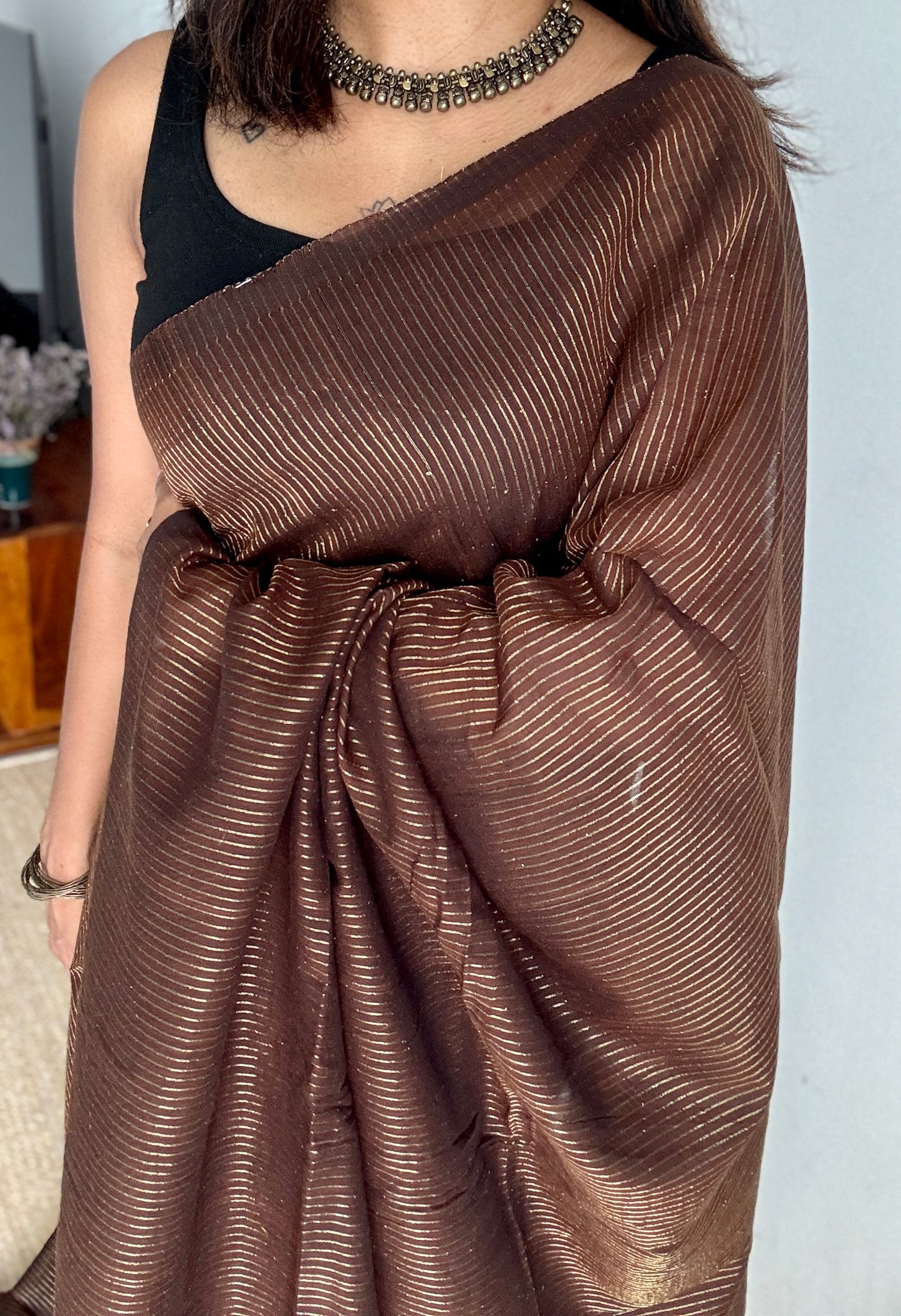 Mocha Bean - Deep brown & gold stripes, mul cotton