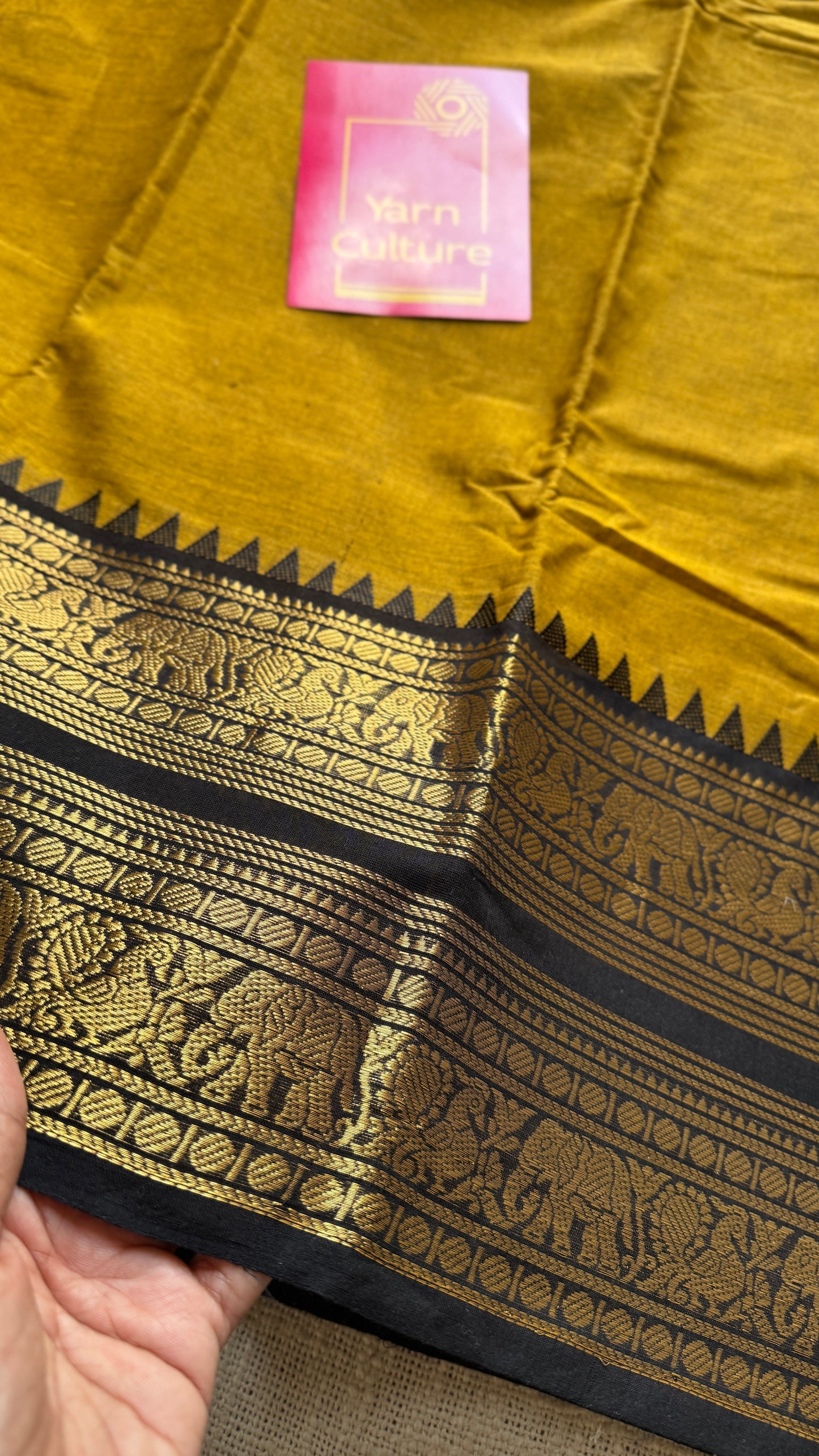Burnt Yellow with Black Contrast Border - Chettinad Cotton