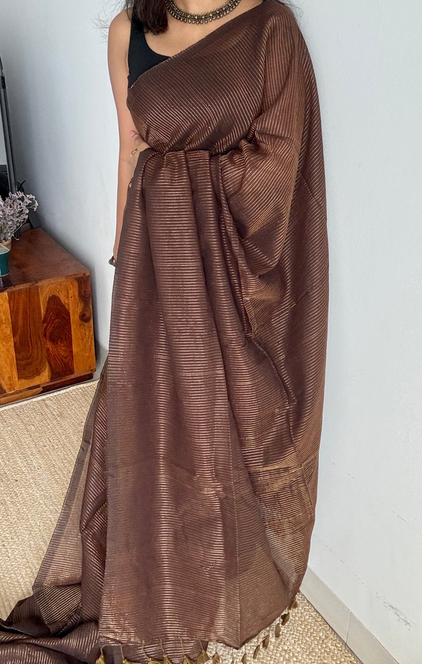 Mocha Bean - Deep brown & gold stripes, mul cotton