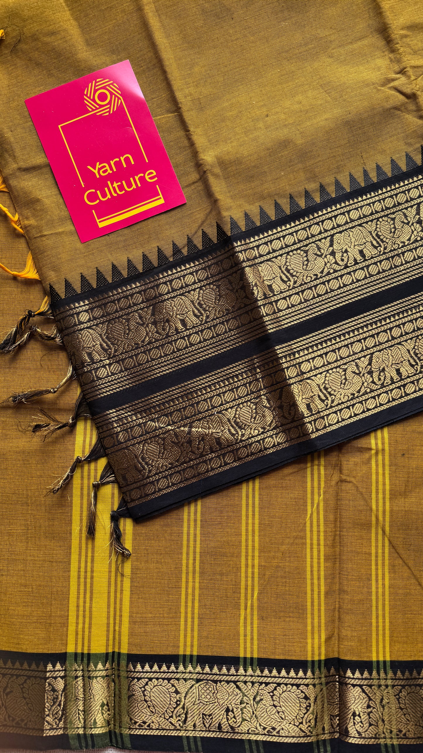 Burnt Yellow with Black Contrast Border - Chettinad Cotton
