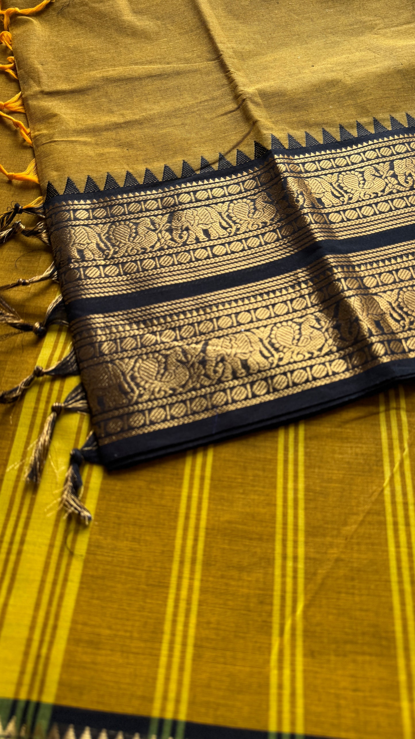 Burnt Yellow with Black Contrast Border - Chettinad Cotton