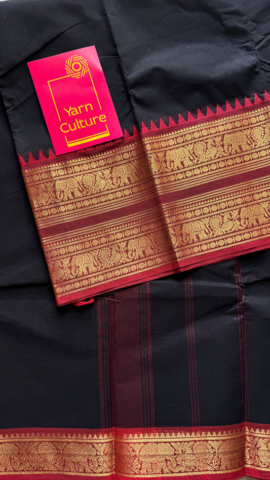 Deep Black with Maroon Contrast - Chettinad Cotton