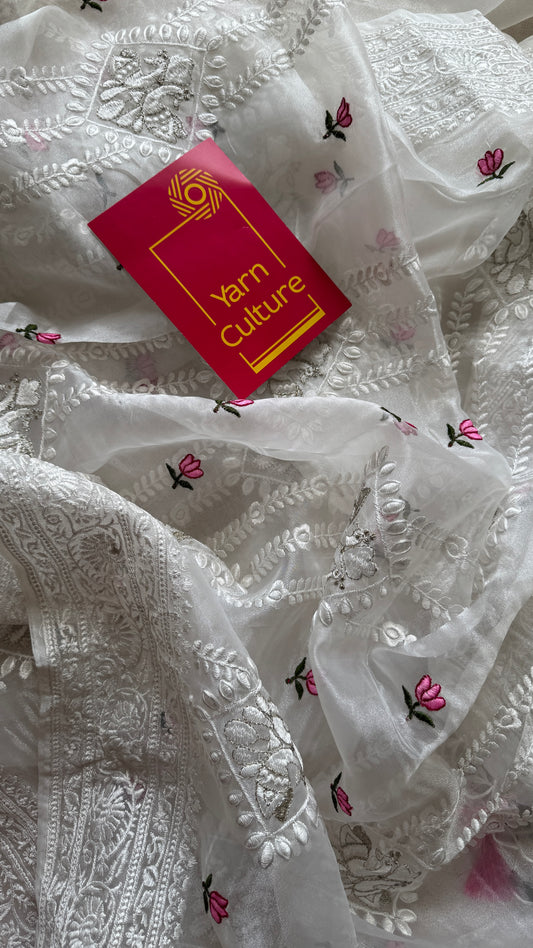 Lotus Mist - Pure White with Embroidery, Silk Organza