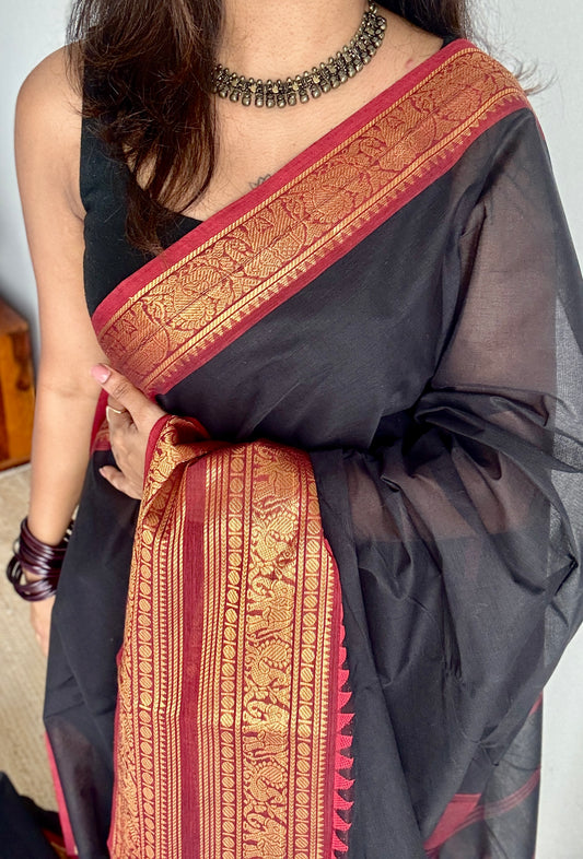 Deep Black with Maroon Contrast - Chettinad Cotton