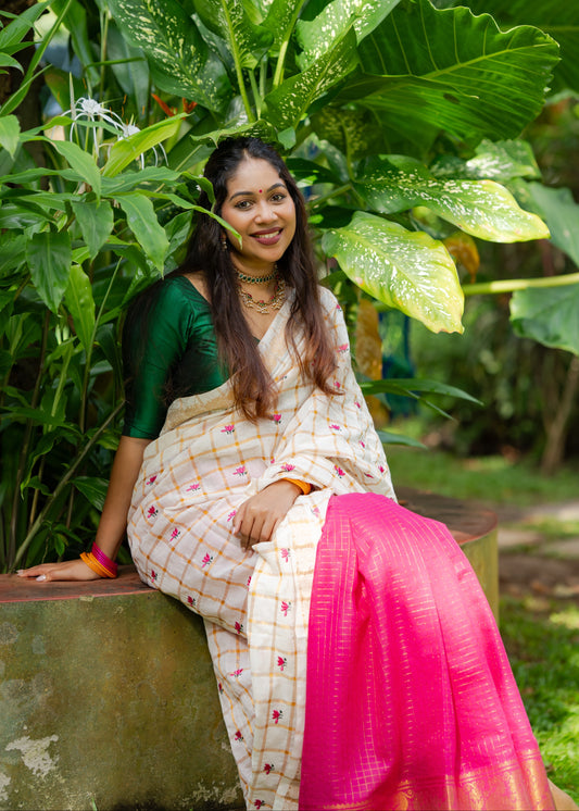 Remya : Thamara Sungudi Kattam - lotus with sungudi cotton half-half checkered saree - YCIEON168
