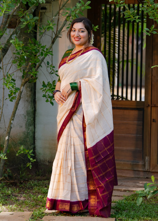Samantha : Chandanam - Sandal with maroon contrast velthaari sungudi, kattuchayam dyed madurai cotton - YCIEON102