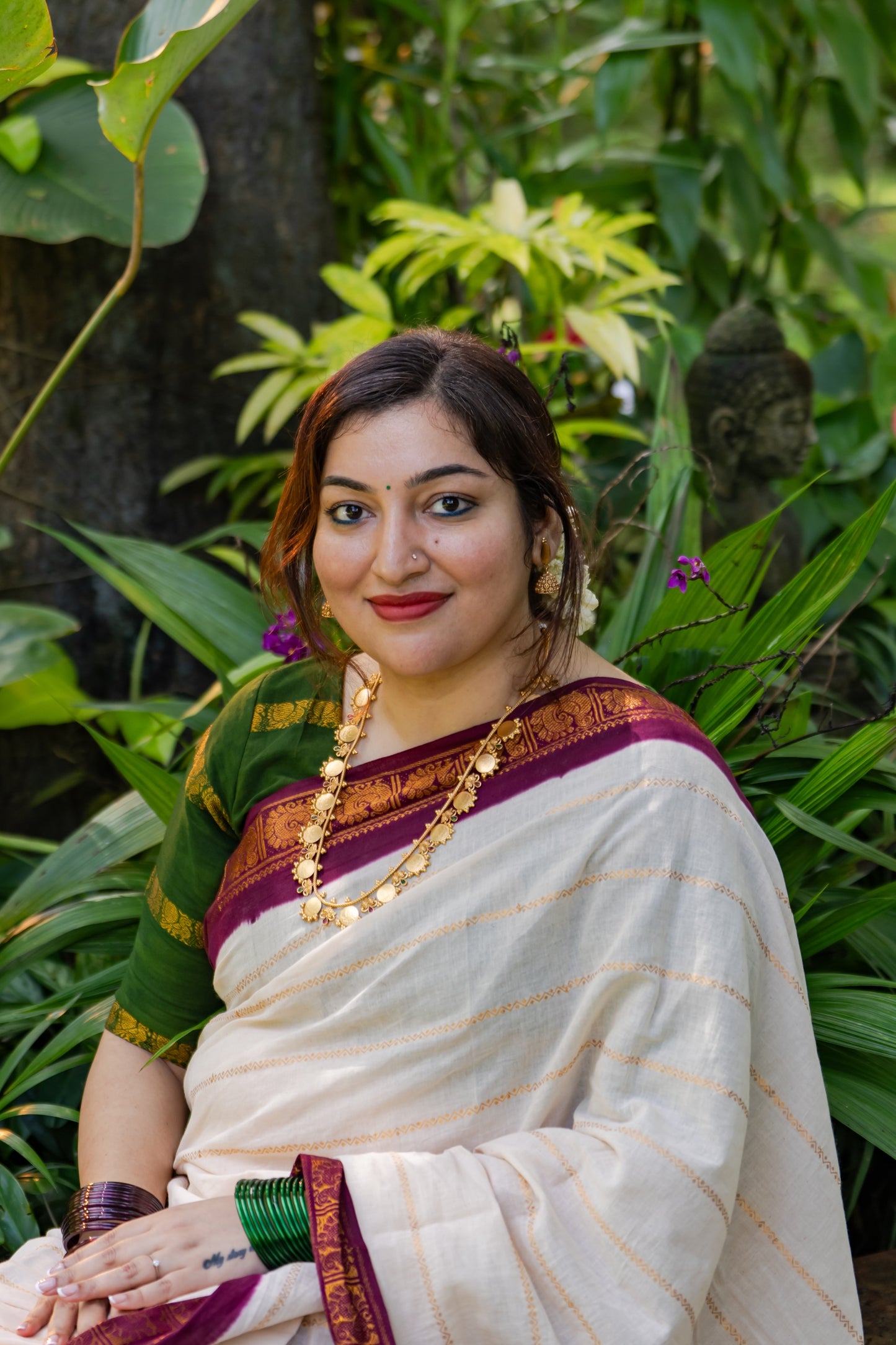 Samantha : Chandanam - Sandal with maroon contrast velthaari sungudi, kattuchayam dyed madurai cotton - YCIEON102