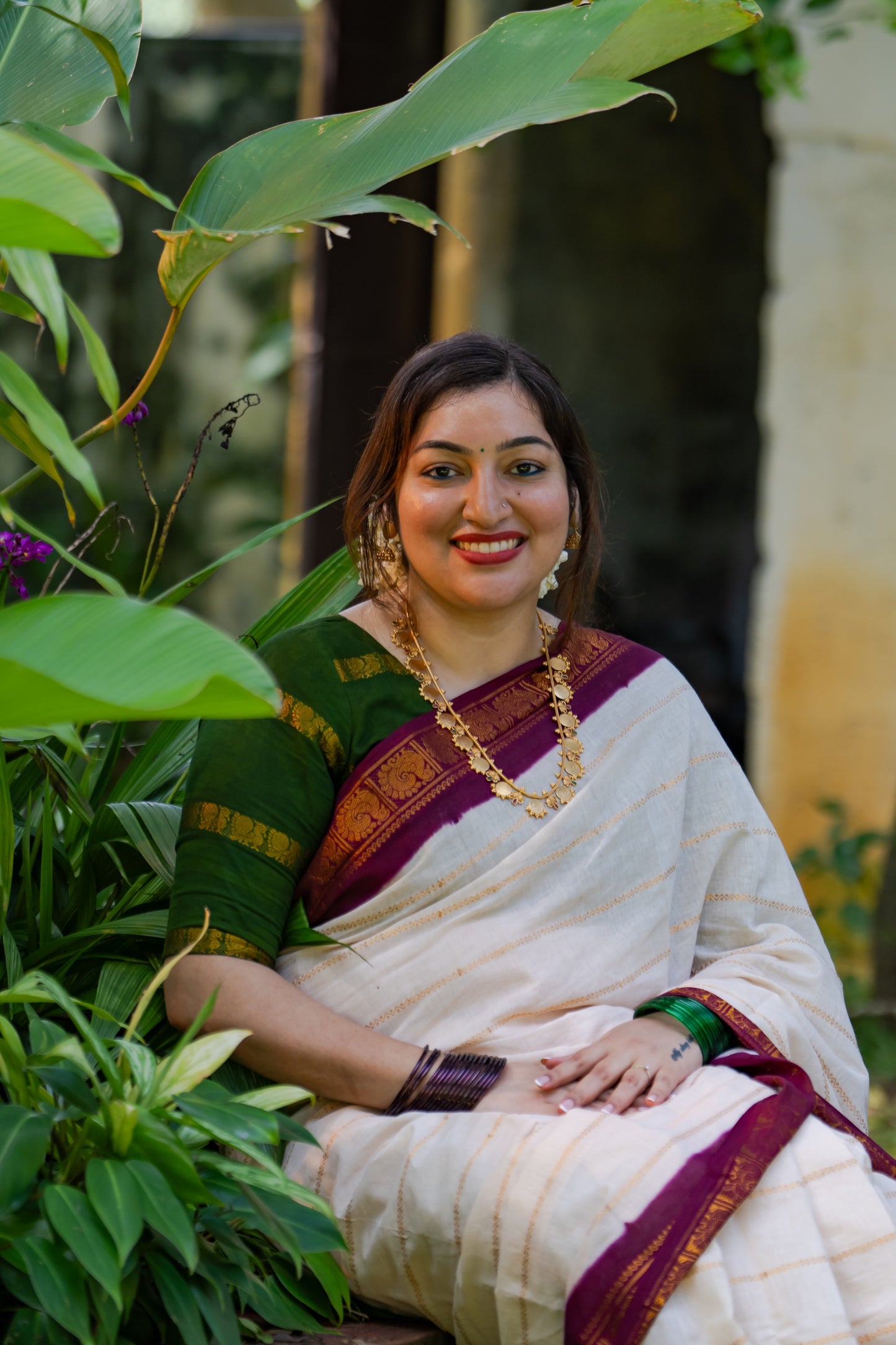 Samantha : Chandanam - Sandal with maroon contrast velthaari sungudi, kattuchayam dyed madurai cotton - YCIEON102