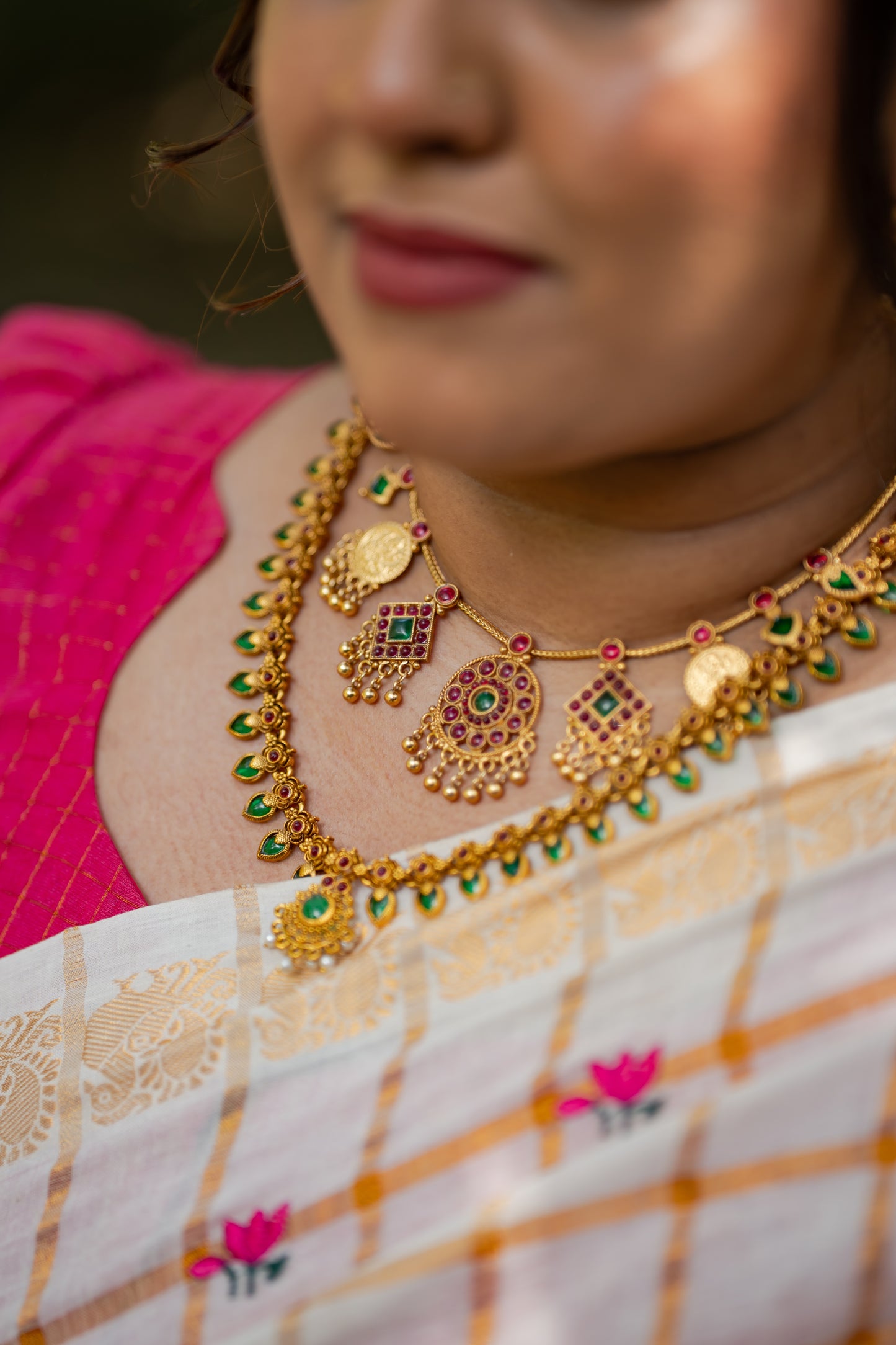 Sradha : Thaamara Kattam - pink lotus embroidery, ivory & gold, soft cotton - YCIEON167