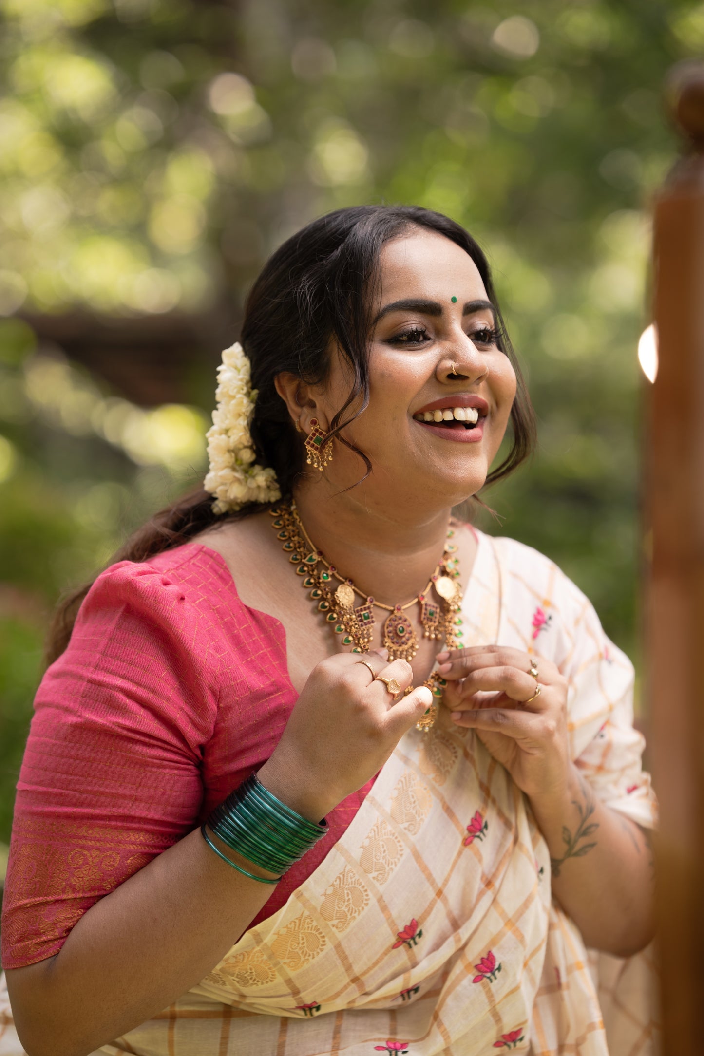 Sradha : Thaamara Kattam - pink lotus embroidery, ivory & gold, soft cotton - YCIEON167