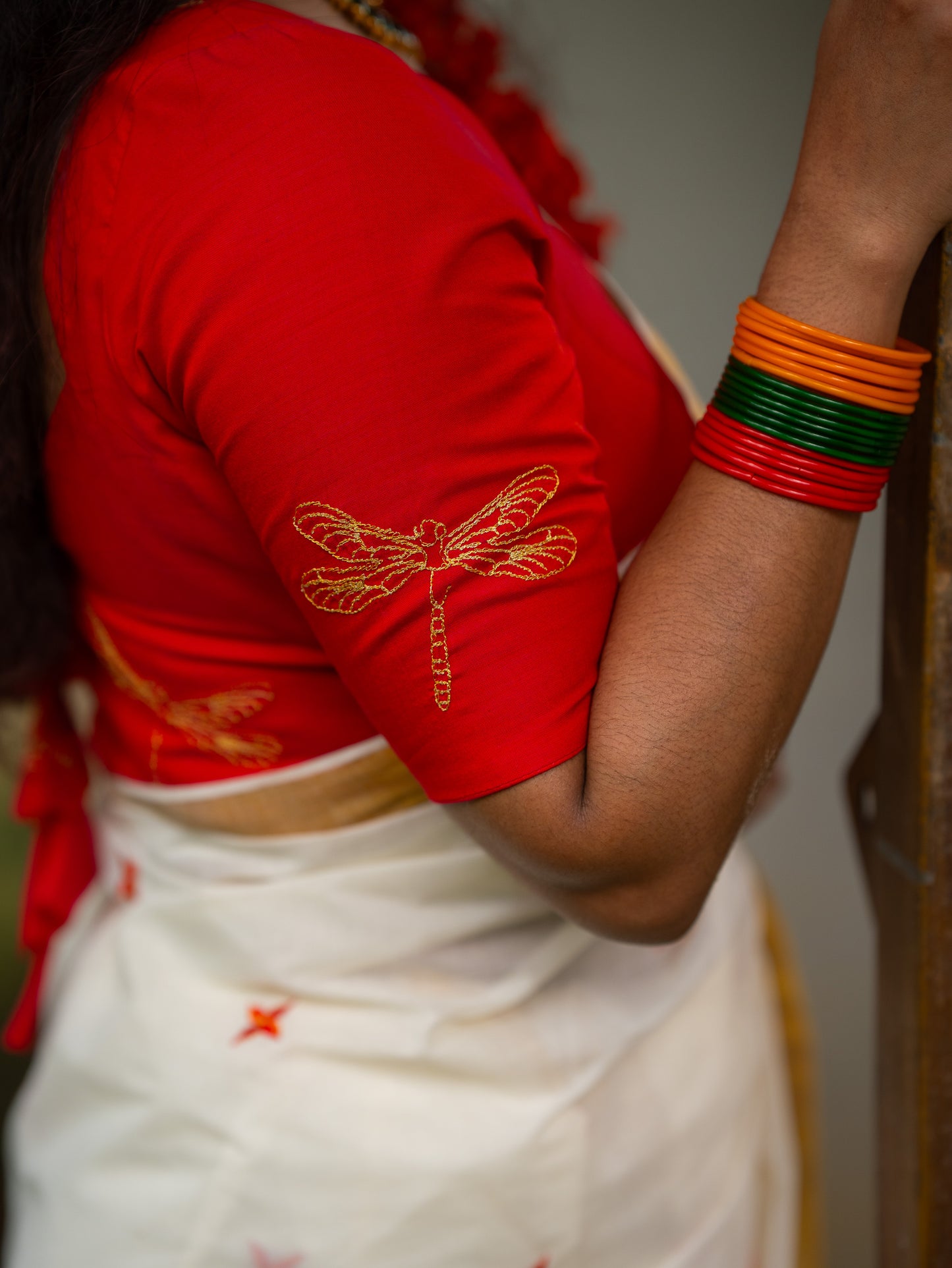 Nandana : Chethi/Thechi - orange red floral embroidery, ivory & gold, soft cotton - YCIEON165