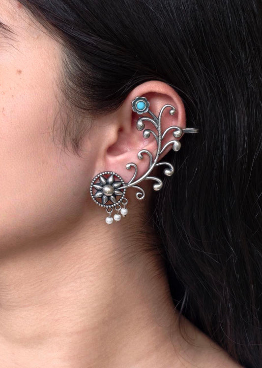 Oxidised silver, floral patterned earcuff, mint stone - YCOSEC578