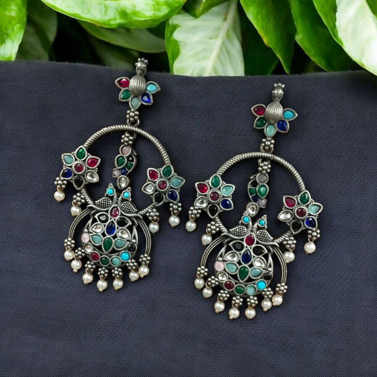 Peacock dangler earring with multicolour stones - YCOSED592