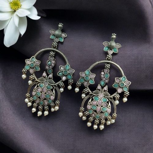 Peacock dangler earring with baby pink and mint stones - YCOSED593
