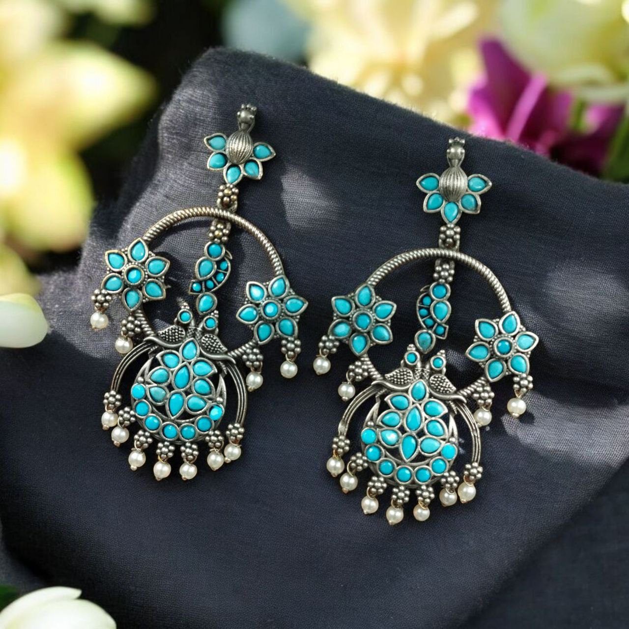 Peacock dangler earring with aqua stones - YCOSED594