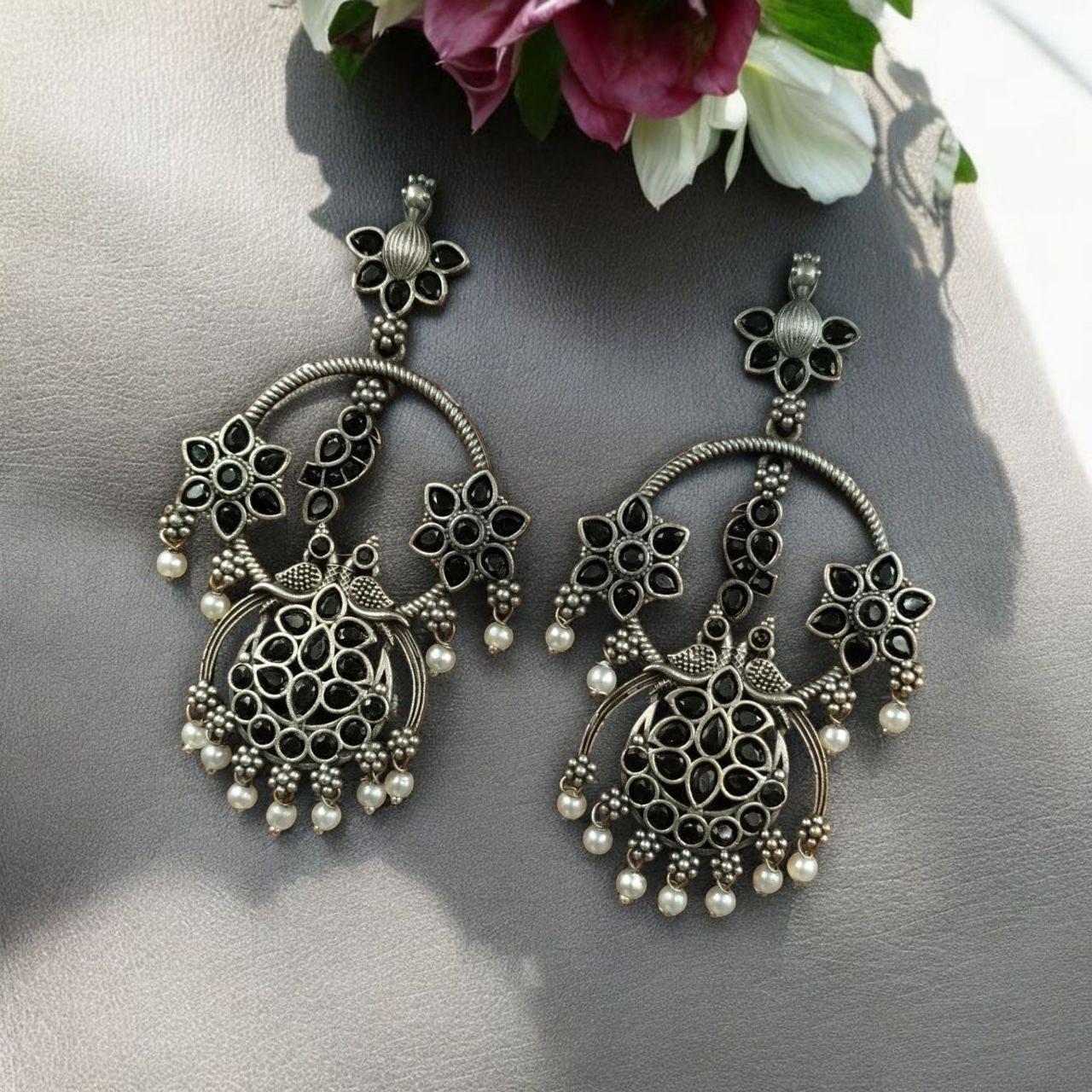 Peacock dangler earring with black stones - YCOSED596
