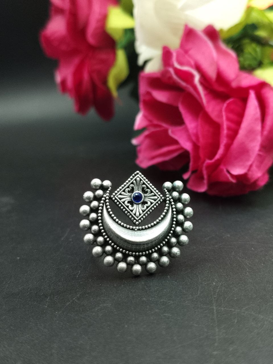 Adjustable ring, half moon ring, blue stone - YCOSFR601